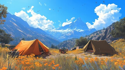 Two glamping sites on a sunny day with a beautiful mountain landscape in the background and a spectacular blue sky. Glamorous Camping