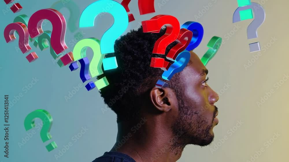 Aufkleber Pensive man pondering various questions, symbolized by colorful question marks floating above his head, representing decision making, problem solving, and seeking answers