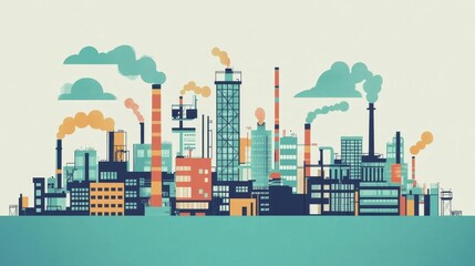 Colorful Industrial Landscape with Smokestacks and Factories