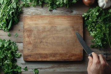 Fresh herbs and a sharp knife ready for meal preparation on a wooden cutting board in a rustic kitchen