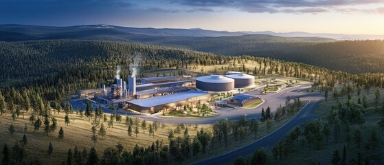 Aerial View of Large Scale Biomass Energy Facility Surrounded by Lush Green Forest Landscape