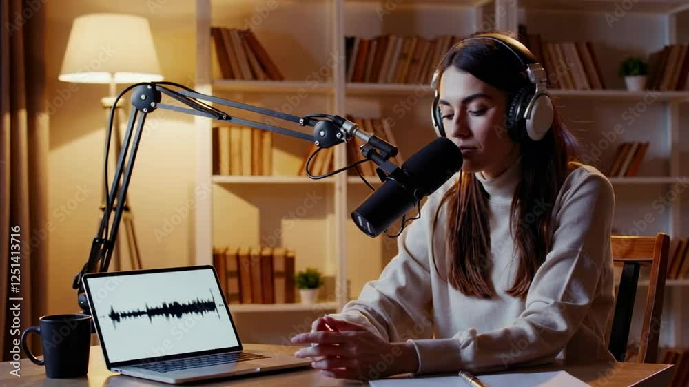Poster content creator woman wearing headphones and speaking into a microphone while recording a podcast in