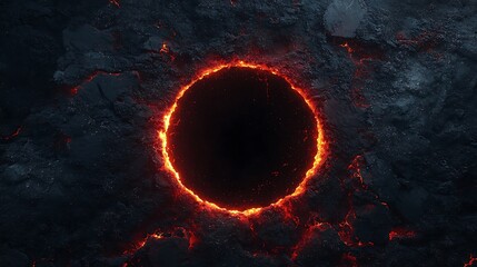 A fiery, volcanic crater reveals molten lava encircling a dark abyss, creating a dramatic contrast against the rugged terrain.