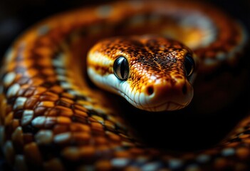 Detailed Close-up of Orange and Brown Snake Coiled and Alert