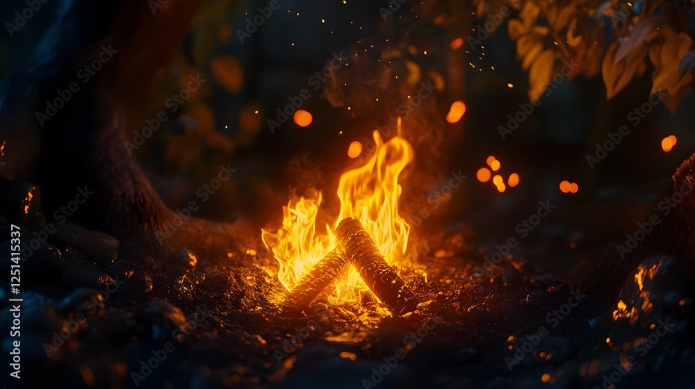 Aufkleber captivating image of a roaring campfire burning brightly in a serene forest setting with flickering 