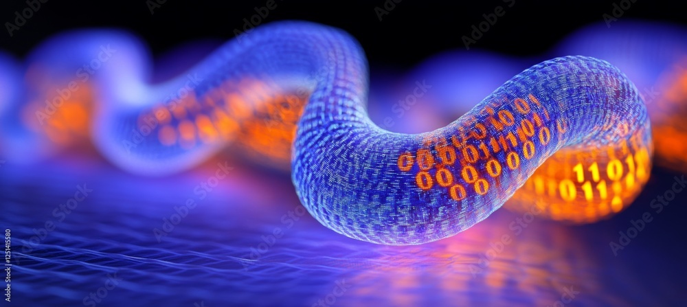 Poster Abstract Glowing Blue and Orange Stream Of Binary Code Data, Representing Digital Information Flow.