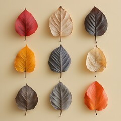 Obraz premium Autumnal Array of Fallen Leaves in Various Hues on a Cream Background for Seasonal Decor