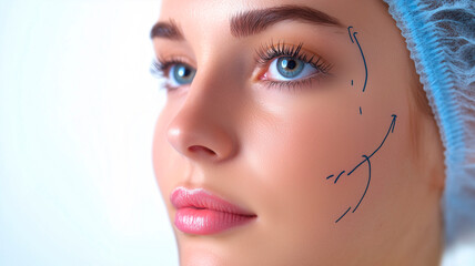 Close-up of a young woman's face with pre-surgery marks and wearing a blue surgical cap.