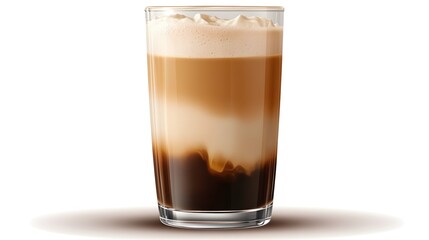 Delicious layered coffee drink with cream in a tall glass on a white background studio shot