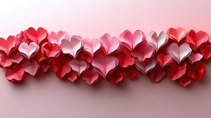 a collection of red and pink paper hearts arranged elegantly on a soft pink background, perfect for capturing the essence of Valentine's Day love and romance.