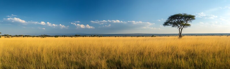 A stunning panoramic view of expansive grassland savanna showcasing golden hues and natural beauty.