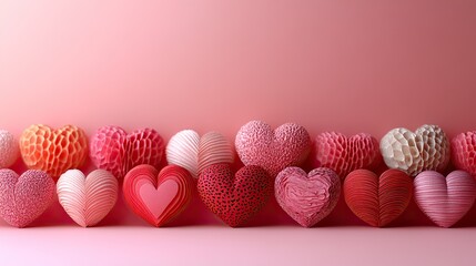 a collection of red and pink paper hearts on a soft pink background conveying love and romance, ideal for Valentine's Day.