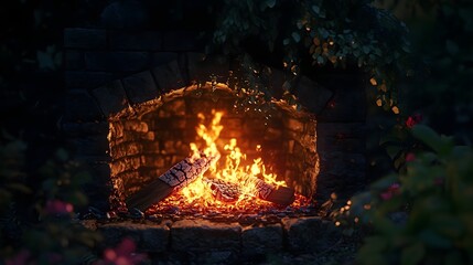 Captivating image of a roaring fire burning in a rustic fireplace or firepit surrounded by the natural beauty of a forested wilderness landscape  The flickering flames cast a warm