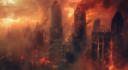 Obraz premium Apocalyptic Cityscape: A fiery inferno engulfs a desolate cityscape, casting an ominous glow over towering structures, hinting at a world consumed by cataclysm and chaos. 