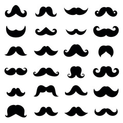 A diverse collection of black mustache silhouettes against a white background.