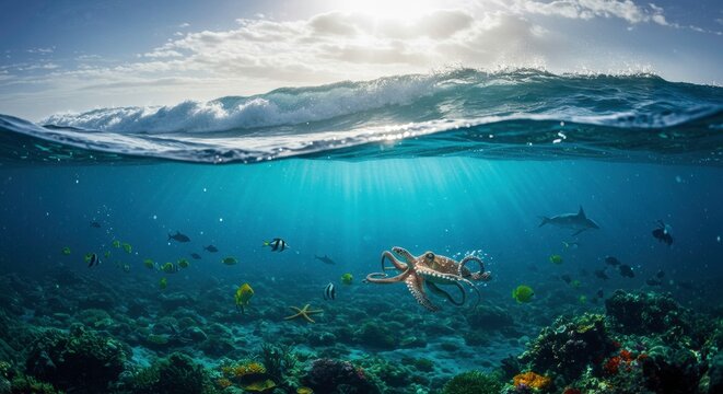 Ocean's Embrace: A breathtaking split-level underwater shot reveals a vibrant coral reef teeming with diverse marine life, including an octopus, various fish.