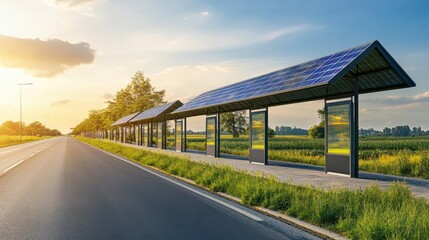 A row of solar powered bus stops are lined up along a road