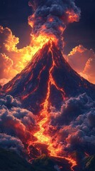 Erupting Volcano at Night Illuminated by Fiery Lava Flow Against Dramatic Clouds in Twilight Sky