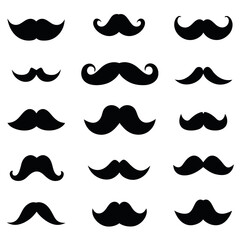 A diverse collection of black mustache silhouettes against a white background.