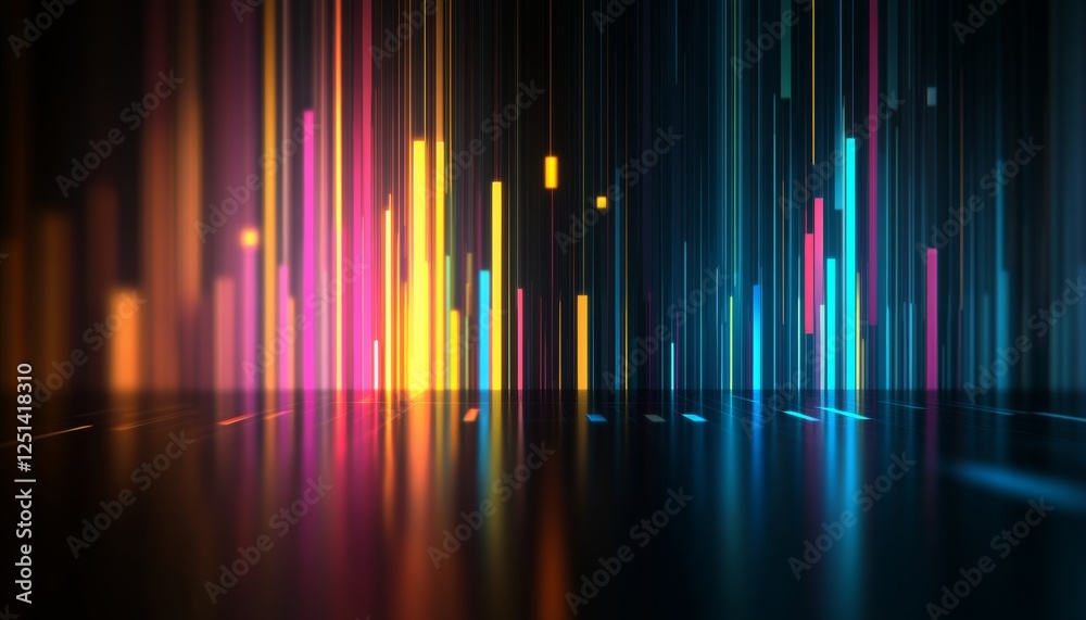 Poster Abstract Financial Data Visualization with Colorful Chart Columns and Line Graphs on Dark Background