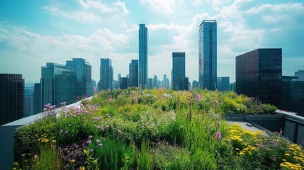Fototapeta premium A city skyline with a green roof on top of a building