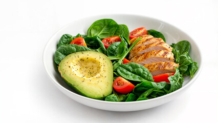 A beautifully arranged fresh salad bowl with grilled chicken, avocado, and organic greens, perfect for a healthy lifestyle, weight loss meals, and nutritious food inspiration. 