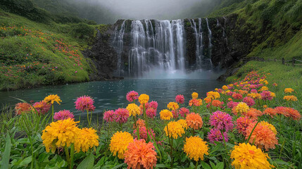 Naklejka premium Waterfall cascades into pool amidst vibrant flowerbed in misty mountain landscape