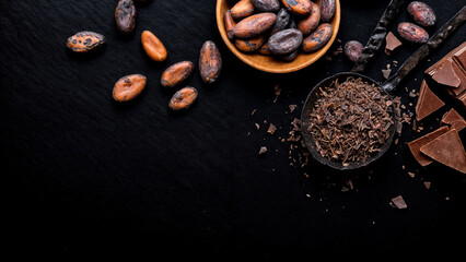 A rich and luxurious composition of dark chocolate bars, cocoa beans, and cacao powder, beautifully styled to highlight the essence of artisanal and premium chocolate.