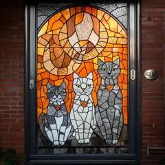 Stained Glass Door with Three Majestic Cats