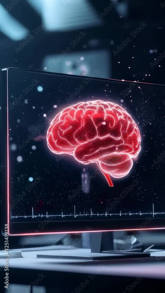 Poster Medical animation showing a rotating human brain displayed on a computer screen in a laboratory, useful for illustrating concepts related to neuroscience, neurology, and healthcare