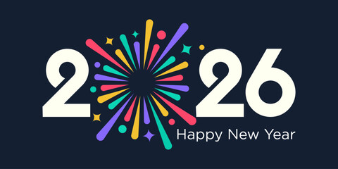 2026 Happy New Year logo design vector. colorful fireworks and trendy new year 2026 design template.