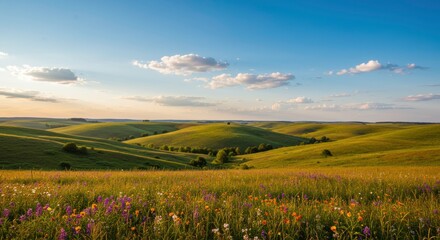 Obraz premium Rolling Hills at Sunset: A picturesque panoramic view of rolling green hills bathed in the golden light of the setting sun, with scattered trees and wildflowers adding vibrancy to the landscape. 