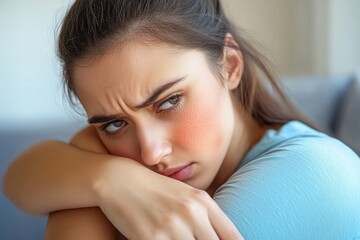 Fototapeta premium Worried Young Woman with Red Cheeks, Looking Down