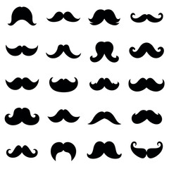 A diverse collection of black mustache silhouettes against a white background.