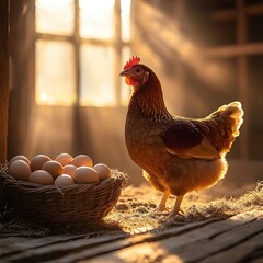 Rustic Farm Scene Golden Light Illuminating Hen and Basket of Eggs in Countryside Setting