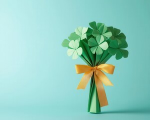 Origami shamrock bouquet tied with a golden ribbon, perfect for sale promotions