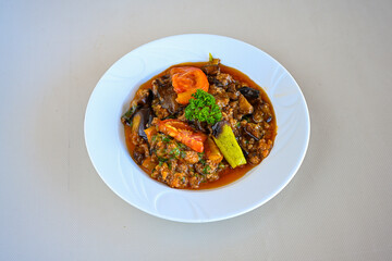 Meat with eggplant and pepper.Cooked with vegetables and hot spices. Patlican kebab, musakka.