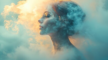 A serene profile of a woman enveloped in ethereal clouds, blending beauty and mystique in a captivating, dreamlike atmosphere.