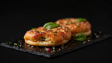 Delicious Baked Sesame Bread Rings with Creamy Filling and Fresh Basil Garnish