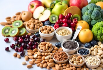 Healthy food clean eating selection: fruit, vegetables, superfoods, and seeds. Generated by AI