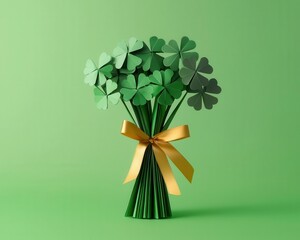 Origami shamrock bouquet tied with a golden ribbon, perfect for sale promotions