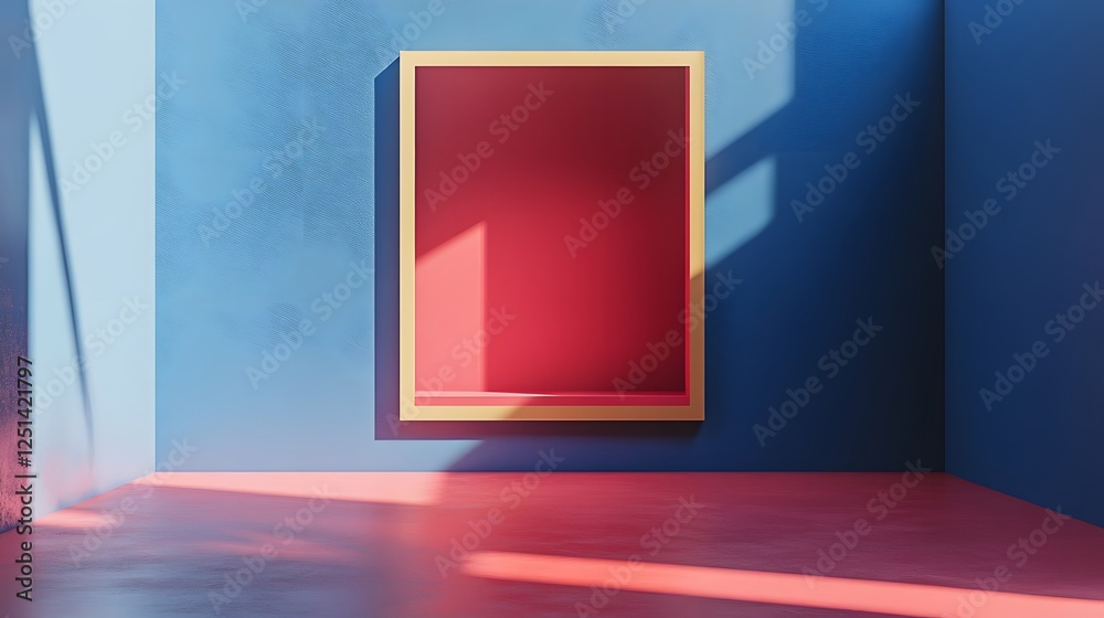 Poster vibrant red cube floating in minimalist architectural interior with dramatic lighting and shadows co