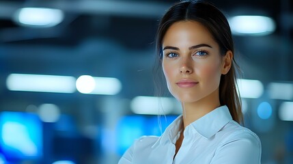 Obraz premium Young Caucasian businesswoman in white shirt against blurred blue office background with bokeh lights, confident professional portrait with soft smile.