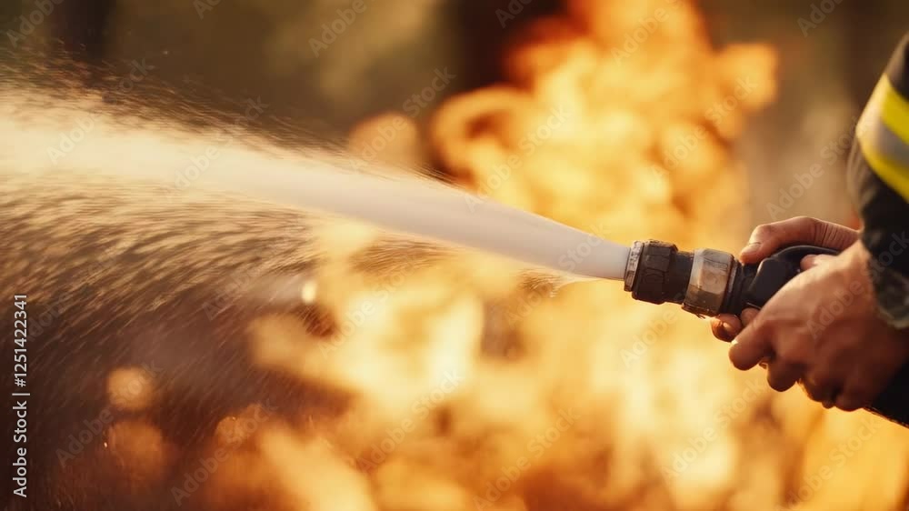 Poster firefighter using a fire hose, spraying water to extinguish flames in a burning forest area, working