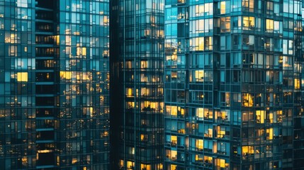 A city skyline with tall buildings and many windows