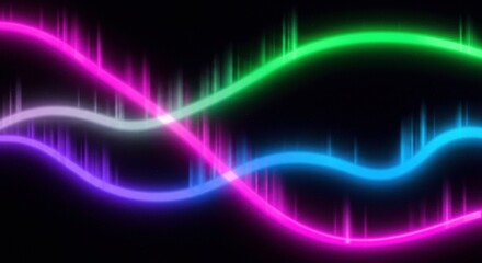 Neon Waveforms: Abstract vibrant neon light waves in pink, blue, and green flow across a black background, creating a dynamic and energetic visual. The design is perfect for backgrounds, posters.