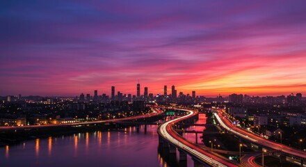 Urban Sunset Symphony: A breathtaking panoramic view of a modern city skyline at sunset.