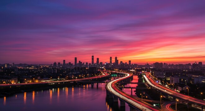 Urban Sunset Symphony: A breathtaking panoramic view of a modern city skyline at sunset.