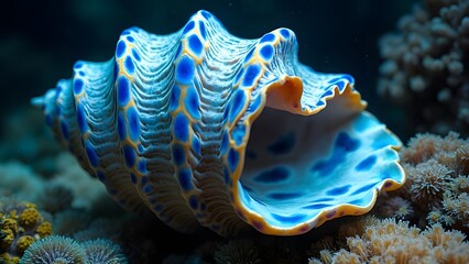 Blue and white sea shells on a coral reef in the Red Sea. Close-up of a giant clam. Generated by AI 