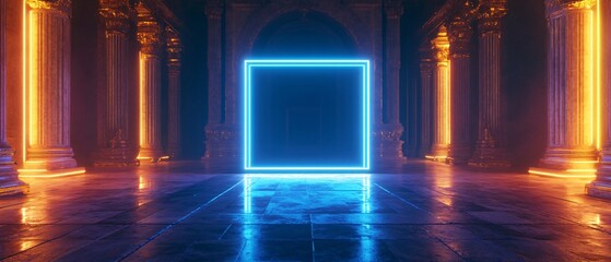 Neon Frame with Sapphire Blue and Gold Lights, Ornate Palace Courtyard, and Marble Columns. Copy space. Generative AI